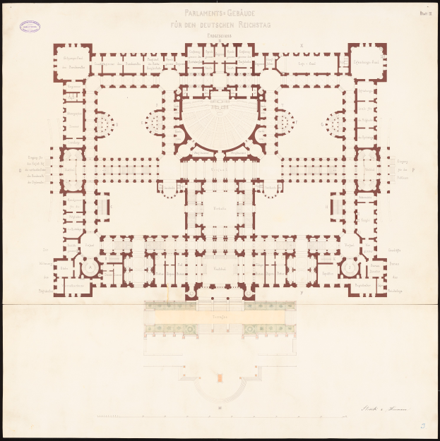Ein detailliertes Grundriss-Zeichnung des Reichstags in Berlin, Deutschland, das die Layout des kreisförmigen Gebäudes, einschließlich Räume, Flure und andere Merkmale, mit begleitendem Text, der weitere Informationen bereitstellt.