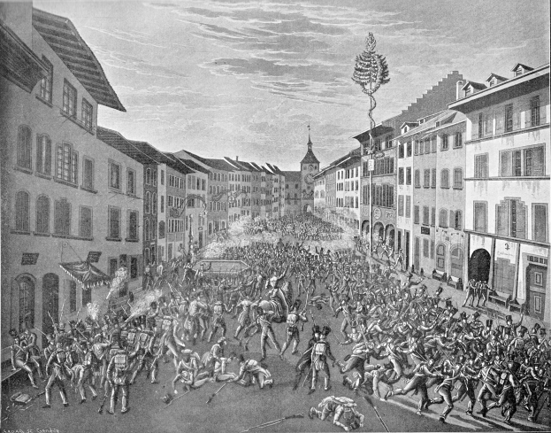 Eine Schwarz-Weiß-Zeichnung einer belebten Straßenkreuzung mit Gebäuden auf beiden Seiten und einem Himmel im Hintergrund, mit dem Text "Die Schlacht von Stuttgart" unten.