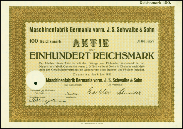 Ein altes deutsches Aktienzertifikat mit goldener Umrandung und fetter Schrift, gerahmt mit einem schwarzen Rand.