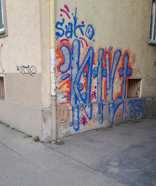 Ein Gebäude mit Fenstern, einem Rohr und Graffiti an seiner Seite, mit einer Straße am unteren Bildrand.