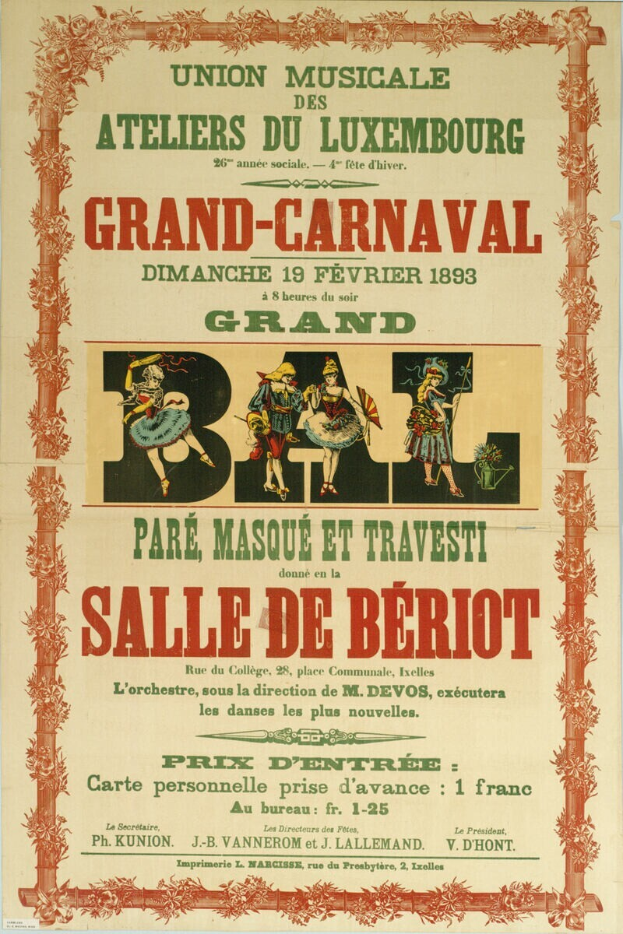 Ein altes Plakat, das ein großes Karnevalsfest in Paris, Frankreich, ankündigt und eine farbenfrohe Illustration von lachenden Menschen in traditioneller Kleidung auf einem hellgelben Hintergrund zeigt, auf dem ein Banner mit der Aufschrift "Großes Karnevalsfest" prangt.