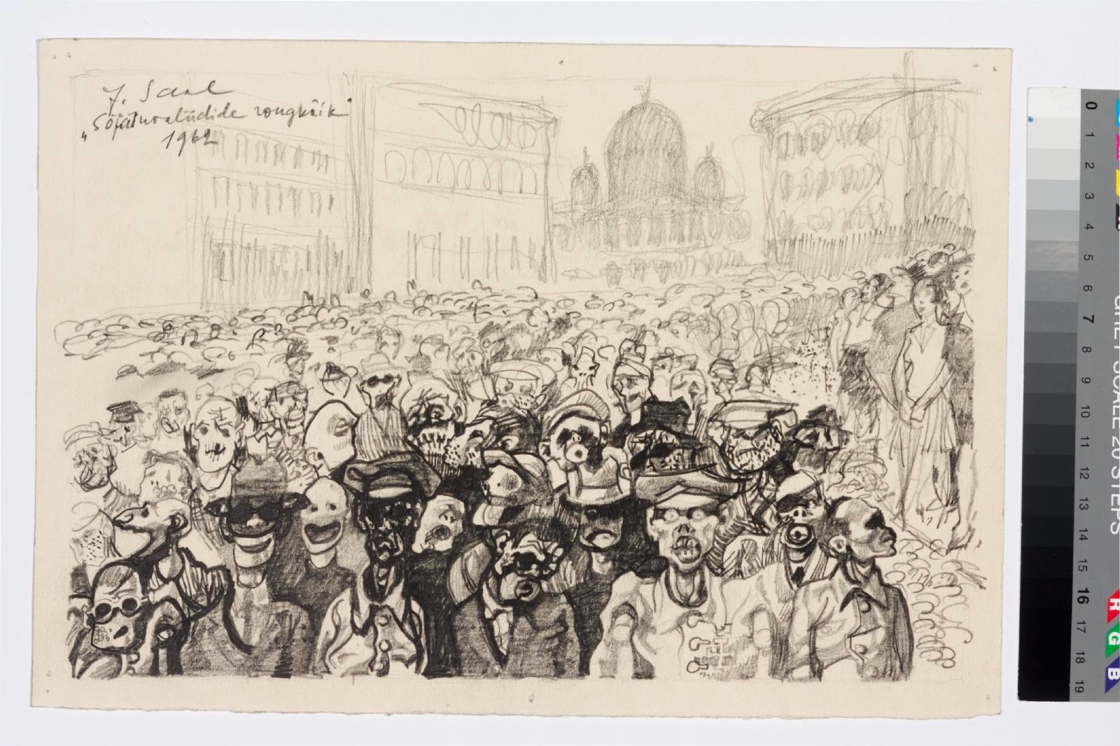 Schwarze und weiße Zeichnung einer Demonstration mit Menschen, die schreien und gestikulieren, vor einem hohen Gebäude, mit Farbskalen auf der rechten Seite.