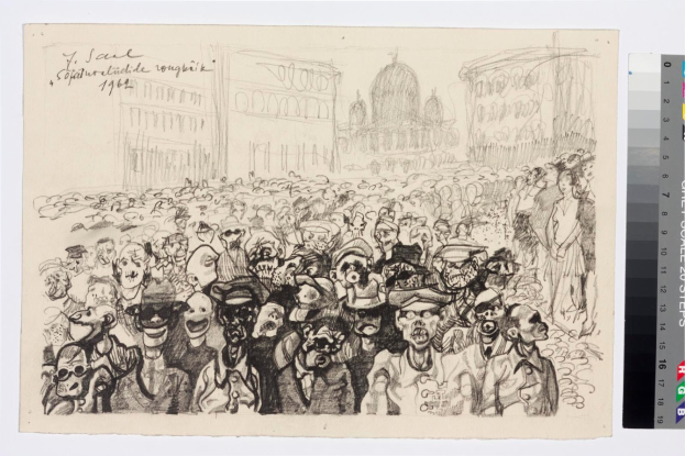 Schwarze und weiße Zeichnung einer Demonstration mit Menschen, die schreien und gestikulieren, vor einem hohen Gebäude, mit Farbskalen auf der rechten Seite.