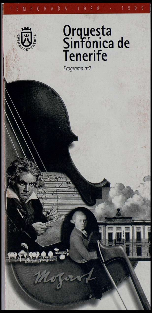 Plakat für Mozarts Symphonie Nr. 2 D-Moll, Op. 63, mit zwei Geigern im Vordergrund und einem Gebäude im Hintergrund, mit dem Text "Orquesta Sinfónica de Tenerife Programa Nº 2".