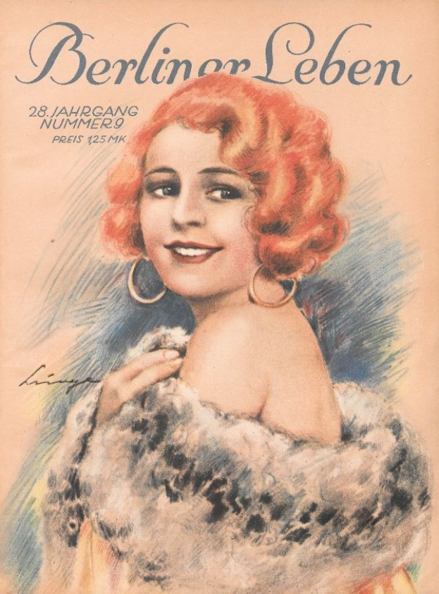 Frau mit roter Haare in einem Pelzmantel auf dem Cover einer Berliner Leben Zeitschrift im Stil der 1950er Jahre mit fetter schwarzer Schrift, die "Berliner Lebens" lautet
