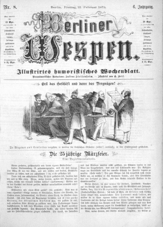 Alte deutsche Zeitung "Berliner Wespen" vom 21. Februar 1873, die eine Gruppe von Menschen in traditioneller deutscher Kleidung zeigt, die sich unterhalten, mit deutscher Text, der wahrscheinlich das Ereignis beschreibt.