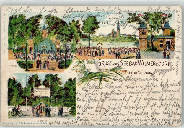 Alte Postkarte mit Parkszene in Deutschland, die Menschen, Bäume, Gebäude, einen Zaun, ein Namensschild und Himmel zeigt, einschließlich handgeschriebener Texte.