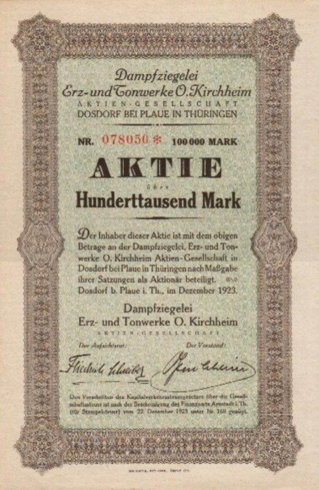 Ein altes deutsches Aktienzertifikat mit einem Porträt eines Mannes und Texten über den Ursprung der Aktie.
