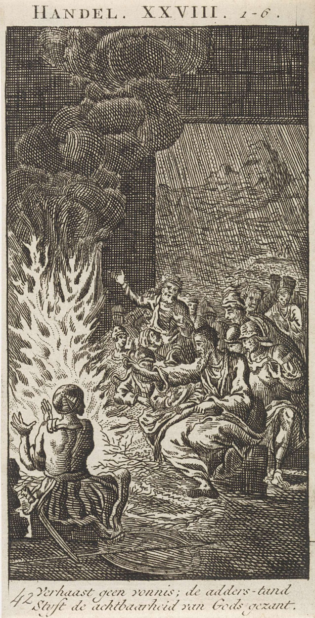 Schwarze und weiße Gravur einer Gruppe von Menschen, die sich um ein Feuer versammelt haben, einige sehen ängstlich nach oben und andere ehrfürchtig nach unten, mit Text oben und unten auf dem Papier.