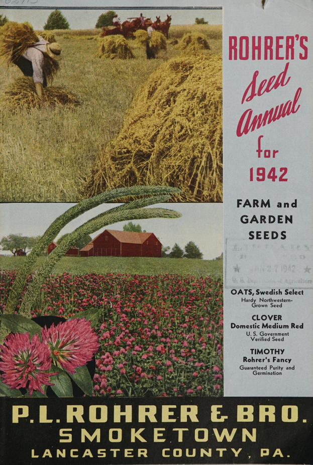 Ein Plakat für Rohrer's Saatgut-Jahrbuch 1942 mit einer bunten Auswahl an Blumen, Pflanzen, Gras, einer Person, einem Haus, Bäumen und einem klaren blauen Himmel sowie Texten über die Saatgutarten.