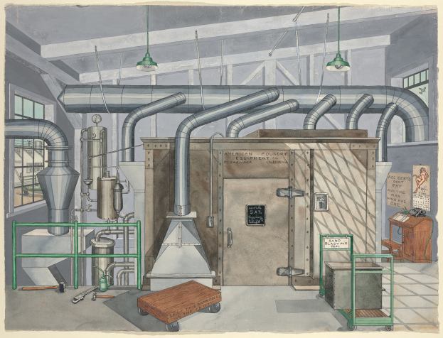 Eine Zeichnung einer Fabrik mit einer großen zentralen Maschine, umgeben von verschiedenen Geräten, einer Tür, einem Wagen, einem Tisch, einem Stuhl, einer Tafel mit der Aufschrift "American Foundry Equipment Co, Indiana", Fenstern und Deckenleuchten.