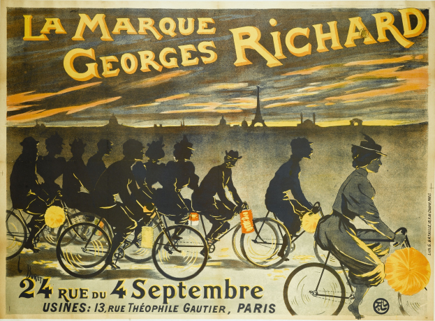 Plakat, das ein Fahrradrennen in Paris, Frankreich, ankündigt, mit einer Gruppe von Radfahrern und dem Eiffelturm im Hintergrund, mit Textdetails zum Ereignis.