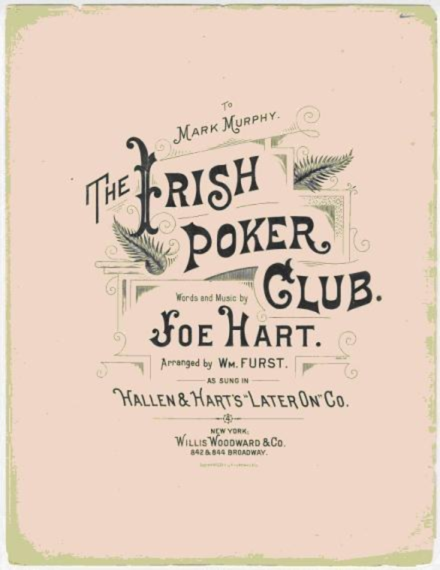 Ein Plakat mit der Aufschrift "The Irish Poker Club" und einer Kleeblatt-Illustration, umrahmt von einem schwarzen Rand.