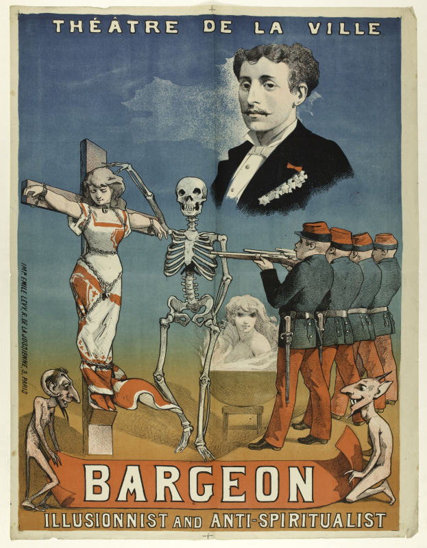 Plakat für das Théâtre de la Ville in Paris mit einem Skelett mit ausgestreckten Armen, umgeben von verstörten Menschen, mit fetter Schrift "Bargeon Illusionist und Anti-Spiritualist".