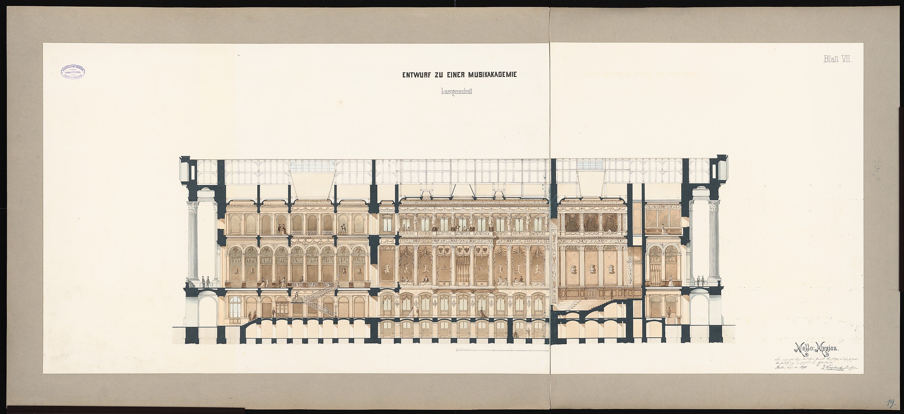 Schwarzes und weißes architektonisches Zeichnung des Eingangs zur Einer Musikakademie in Leipzig, mit mehreren Fenstern und Balkonen auf weißem Papier mit Text, vor schwarzem Hintergrund.