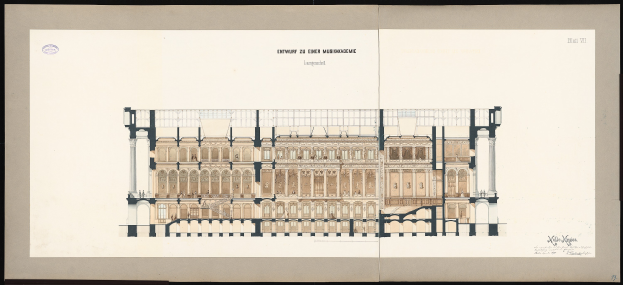 Schwarzes und weißes architektonisches Zeichnung des Eingangs zur Einer Musikakademie in Leipzig, mit mehreren Fenstern und Balkonen auf weißem Papier mit Text, vor schwarzem Hintergrund.