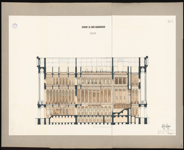 Schwarzes und weißes architektonisches Zeichnung des Eingangs zur Einer Musikakademie in Leipzig, mit mehreren Fenstern und Balkonen auf weißem Papier mit Text, vor schwarzem Hintergrund.
