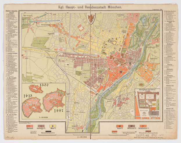 Eine detaillierte Karte von München, Deutschland aus dem Jahr 1849, mit Text und Zahlen, um einen umfassenden Überblick über das Gebiet zu bieten.