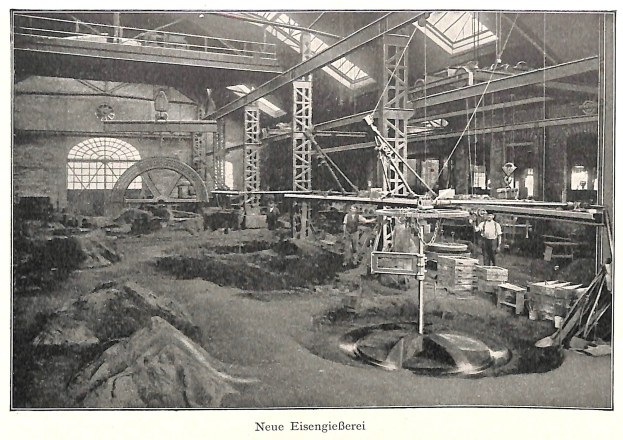 Schwarzes und weißes Foto einer Fabrikhalle mit Arbeitern, die an Maschinen arbeiten, Metallstangen und -rohre, beschriftet mit 'Neue Eisenglebeerei, die erste Fabrik Deutschlands' unten.