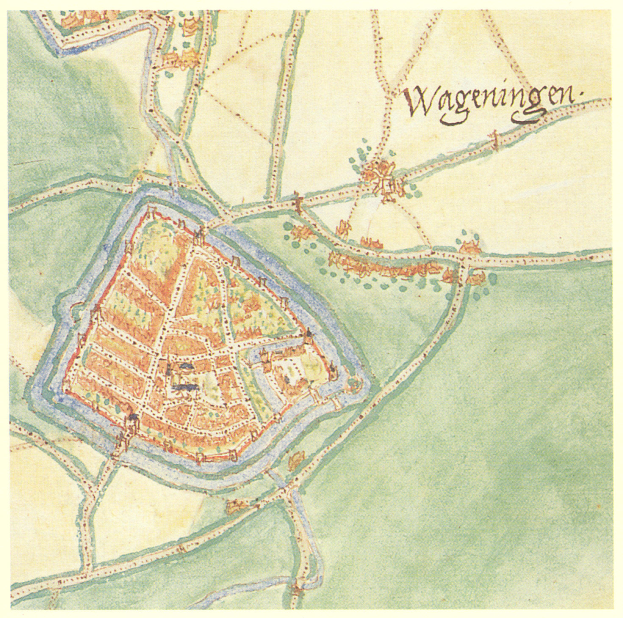 Eine detaillierte Karte von Wageningen, Deutschland, die Straßen, Gebäude und Sehenswürdigkeiten zeigt, mit Text, der zusätzliche Informationen liefert.