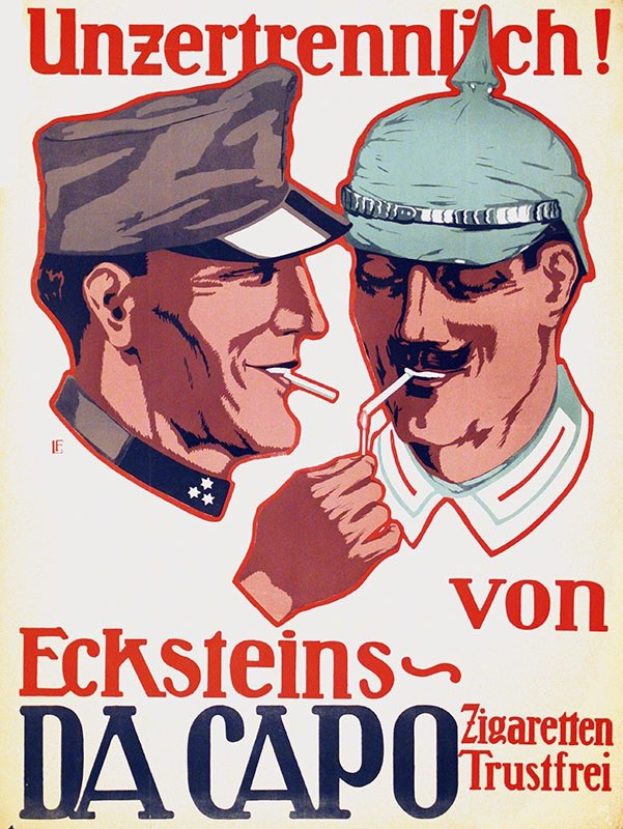 Zwei Männer mit Mützen und Zigaretten auf einem deutschen Propagandaplakat mit Text.