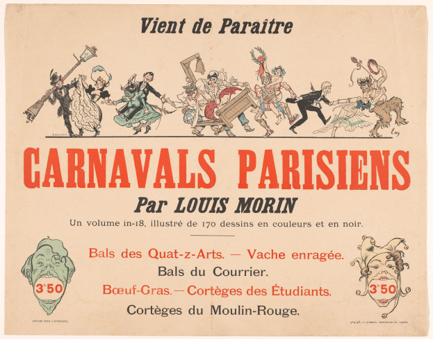 Ein Blatt mit der Überschrift "Carnivals Parisiens par Louis Morin" in fetter Schrift, das farbenfrohe Illustrationen von Menschen in bunten Kostümen und Masken bei einer lebendigen Karnevalsszene zeigt.