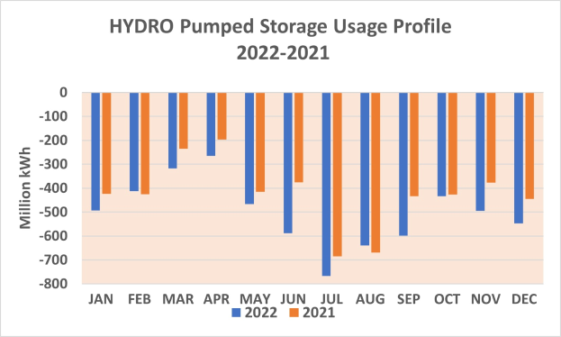Ein Balkendiagramm, das den Einsatz von Wasserpumpenenergie von 2021 bis 2022 zeigt, wobei jeder Balken ein Jahr darstellt und seine Höhe den Umfang des Speichers angibt, einschließlich Text mit zusätzlichen Datendetails.