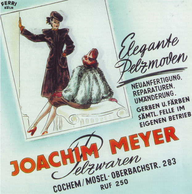 Eine Frau in einem modischen Kleid auf einem Plakat für Joachim Meyer, ein deutsches Mode-Label, mit Text, der das Produkt beschreibt.