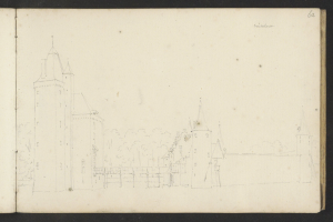 Ein aufgeschlagenes Buch mit der Aufschrift 'Johannes Vermeulens Skizze der Stadt Heidelberg, Deutschland' zeigt eine Zeichnung einer von Bäumen umgebenen Burg.