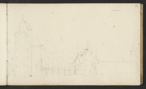 Ein aufgeschlagenes Buch mit der Aufschrift 'Johannes Vermeulens Skizze der Stadt Heidelberg, Deutschland' zeigt eine Zeichnung einer von Bäumen umgebenen Burg.