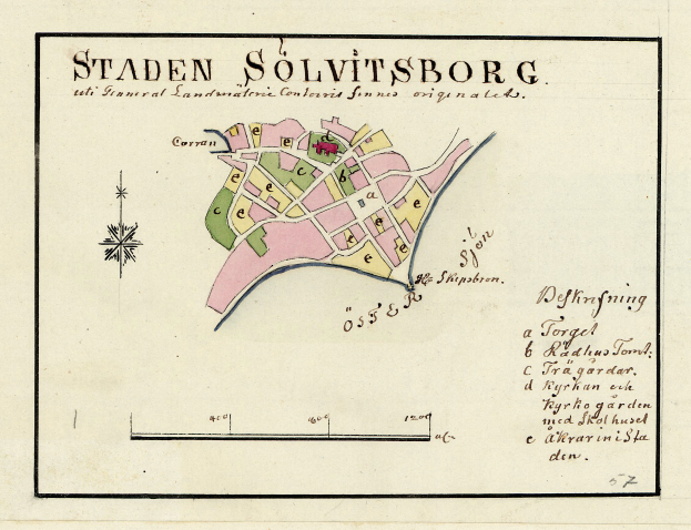Ein detaillierter Stadtplan von Staden Solvitsborg, Schweden, auf Papier mit Straßen, Gebäuden und Sehenswürdigkeiten, begleitet von Text.