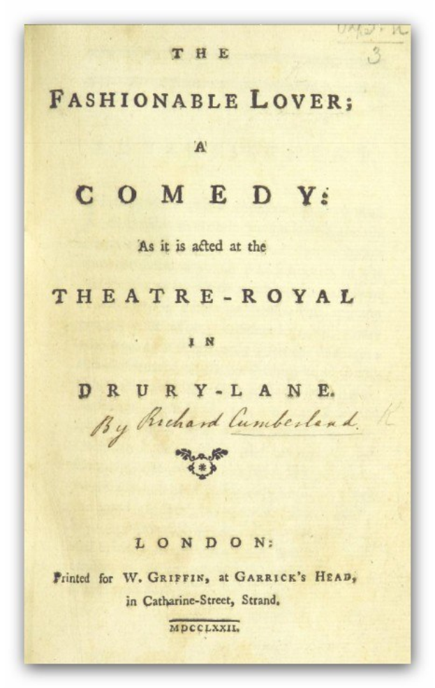 Playbill for "The Fashionable Lover: A Comedy as it is acted at the Theatre-Royal in Drury Lane."
