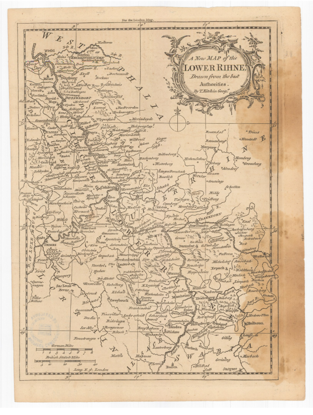 Alte Landkarte der Niederrhein-Region mit Flüssen, Bergen und Städten, die klassisch beschriftet ist.