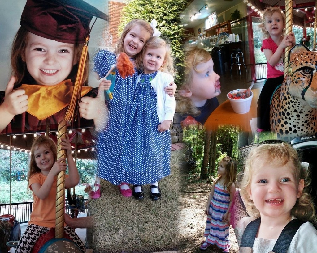 Collage mit lustigen Fahrgeschäften, Kindern, einem Tisch mit Speisen, Besteck, Lichtern, Grünpflanzen, einem Seil und einer Mütze.