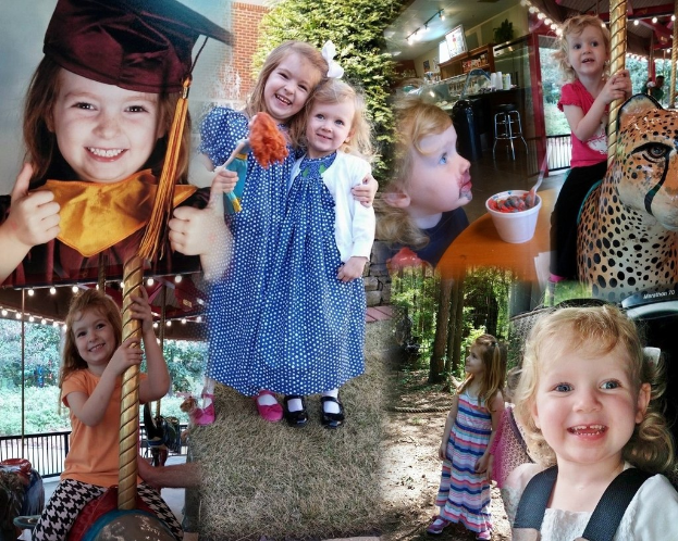 Collage mit lustigen Fahrgeschäften, Kindern, einem Tisch mit Speisen, Besteck, Lichtern, Grünpflanzen, einem Seil und einer Mütze.