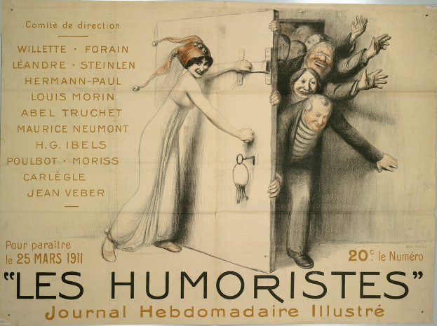 Ein buntes Plakat an einer Gebäudewand mit der Aufschrift 'Les Humoristes Journal Hebdomadaire Illustré', das eine Gruppe von lachenden Menschen zeigt.