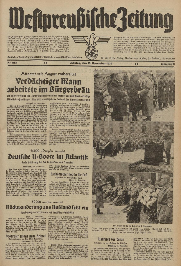 Schwarze und weiße Titelseite einer deutschen Zeitung vom 13. November 1939 mit der Schlagzeile "Weitpreubliche Zeitung" und einem Foto von Menschen in traditioneller deutscher Kleidung beim Feiern.