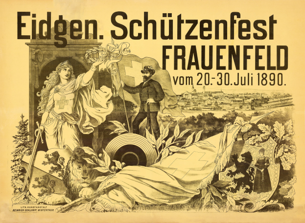 Alter Plakat für das Eidgen Schützenfest in Frauenfeld, Deutschland, mit einem Mann im Anzug und einer Frau in einem Kleid nebeneinanderstehend und Ereignisinformationen im Text.