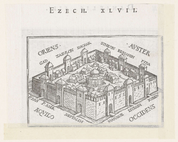 Eine detaillierte handgezeichnete Karte der Stadt Ezech, Israel, mit beschrifteten Straßen und Gebäuden auf einem Blatt Papier.