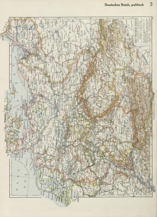 Eine Karte von Deutschland aus dem 19. Jahrhundert, die seine politischen Grenzen zeigt, auf Papier mit Text oben und unten gedruckt.