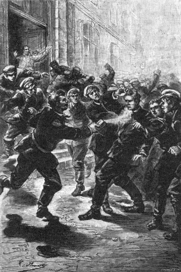 Schwarze und weiße Illustration eines gewalttätigen Straßenkampfes unter einer Gruppe von Männern, mit einem Gebäude im Hintergrund und dem Text "Victorian Riots in London, England" unten.
