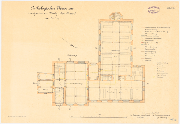 Ein detaillierter Grundrissplan des Rathologischen Museums in Berlin, der verschiedene Räume, Flure und Merkmale mit begleitendem Text zeigt.