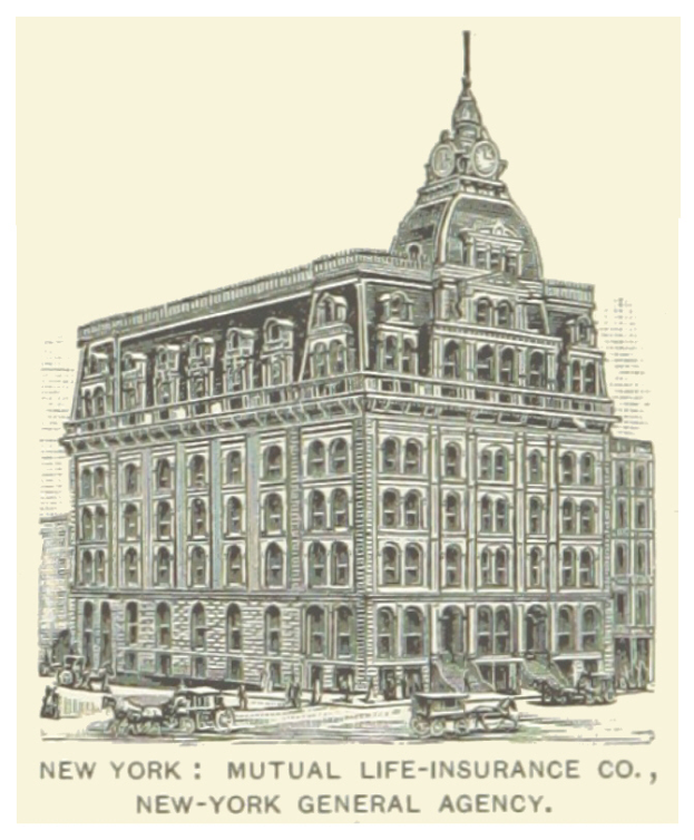 Ein Plakat mit dem Gebäude der New York Mutual Life Insurance Co., umgeben von Menschen und Fahrzeugen, mit Text unten.