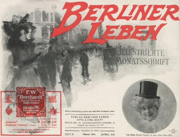 Werbeposter für das Berliner Leben Theater mit einer Frau in Zylinder und einem Mann im Anzug, Text, Stempel, einigen Menschen und Gebäuden im Hintergrund.