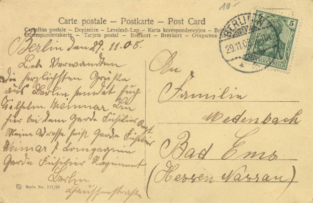 Alte Postkarte mit einer Marke vom 11.08.1908, die den Text 'Bad Ems' trägt