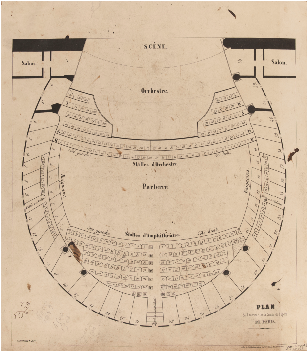 Ein altes Plan von dem Theatre Royal in Paris, Frankreich, das eine detaillierte Planung der Sitzanordnung des Auditoriums, der Bühne und des Orchesters zeigt, mit Text, der Layout-Informationen bereitstellt.