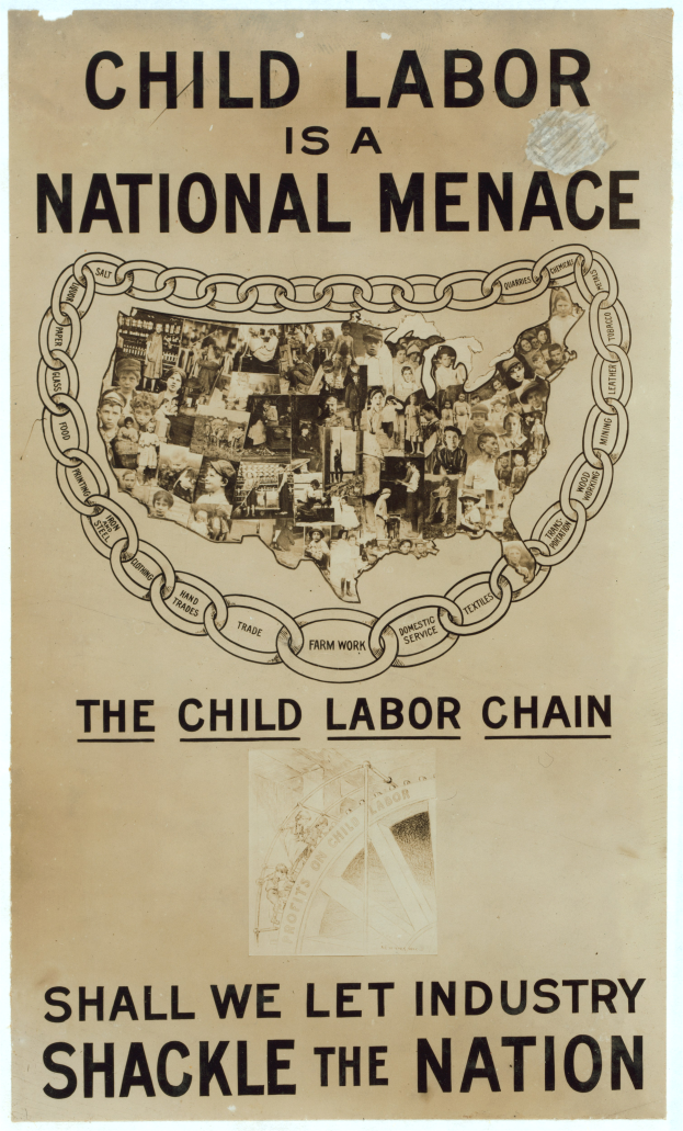 Ein Plakat mit fetter schwarzer Schrift auf weißem Hintergrund lautet "Kinderschutz ist eine nationale Herausforderung - Sollen wir der Industrie die Nation ausliefern", zeigt eine bunte Gruppe von Menschen, die gemeinsam stehen.