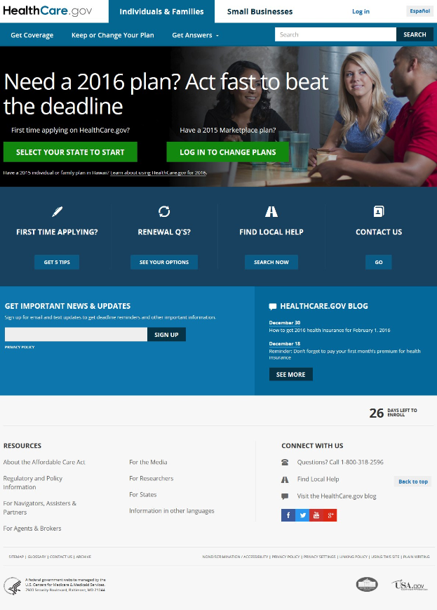 Health Care Gov-Webseite mit einer Gruppe von Menschen an einem Tisch sitzend, auf dem sich Gläser und andere Gegenstände befinden, mit dem Webseitentitel sichtbar.