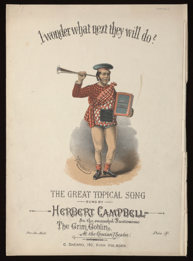 Eine Person in buntem Outfit hält ein Musikinstrument und singt von Notenblättern mit der Überschrift "Der große aktuelle Song von Herbert Campbell", mit fröhlicher Miene.