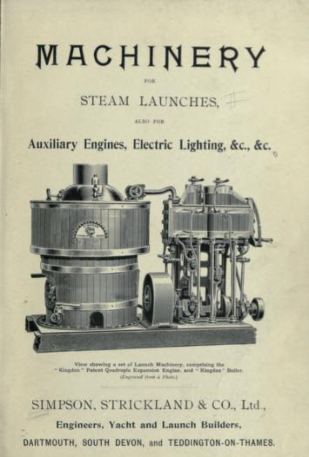 Ein altes Buch mit einer detaillierten Illustration einer Dampfmaschine, beschriftet mit "Maschinen für Dampfboote, auch für Hilfsmaschinen, Elektrobeleuchtung, & C".